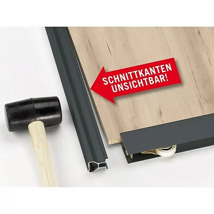 Room Plaza Easy Schiebetür-Bau-Set - Buche Naturwuchs/Ahorn Naturwuchs, Farbe Beschlag: Schwarz - Dunkelgraues Aluminiumprofil zur Abdeckung von Holzplatten-Schnittkanten, mit Gummihammer. Macht Schnittkanten unsichtbar.