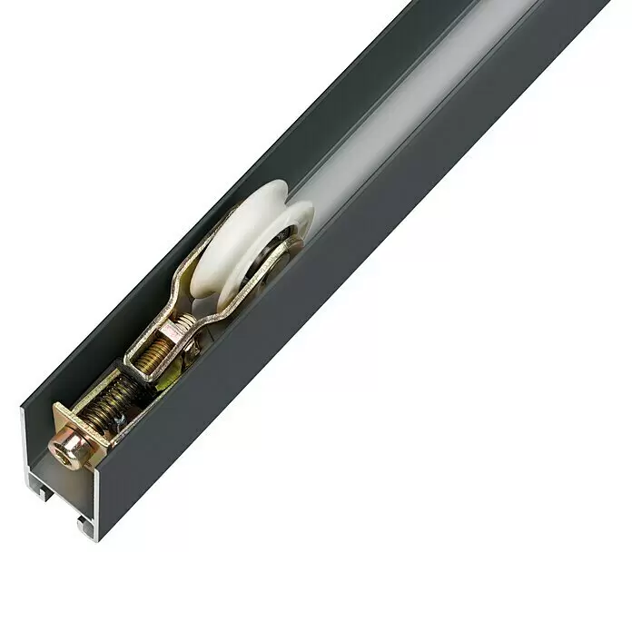 Room Plaza Easy Schiebetür-Bau-Set - Taupe/Weiß Miniperl, Farbe Beschlag: Schwarz - Dunkelgraues Aluminiumprofil mit weißer Kunststoffrolle und Metallfeder für Schiebetüren.