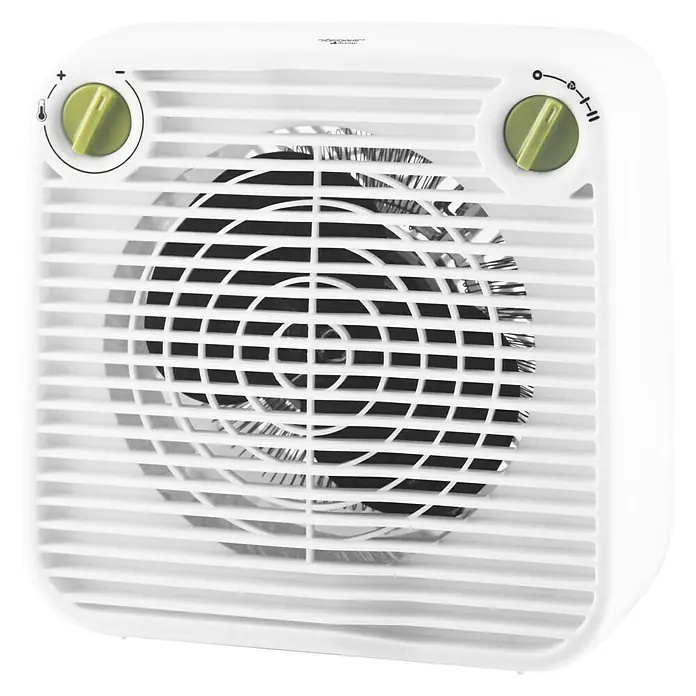 Voltomat HEATING Heizlüfter Transisto - 1.000 W - 2.000 W, Weiß - Nahaufnahme eines weißen, tragbaren Heizlüfters mit zwei Drehknöpfen zur Temperatur- und Gebläseeinstellung.