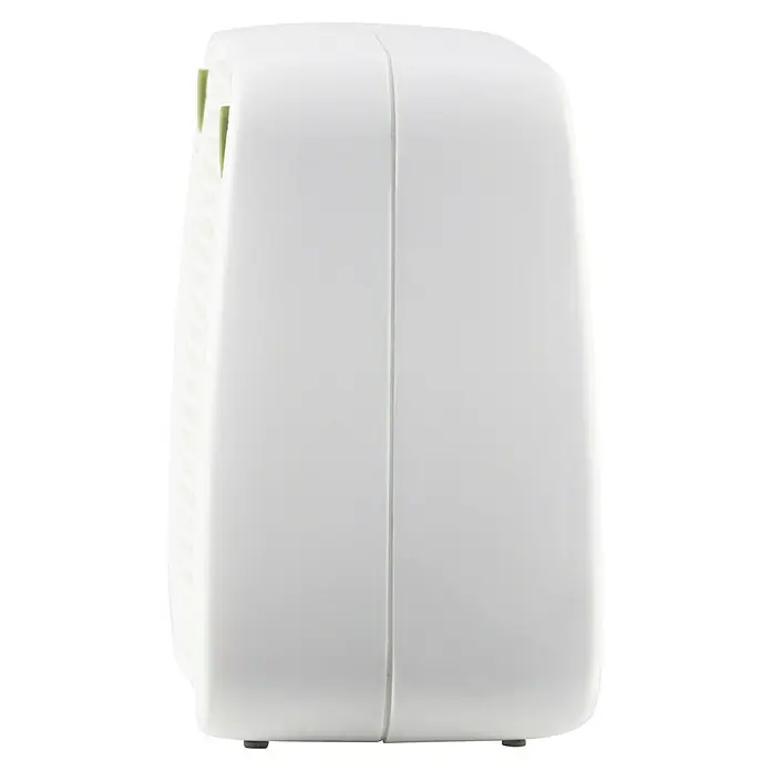 Voltomat HEATING Heizlüfter Transisto - 1.000 W - 2.000 W, Weiß - Nahaufnahme eines weißen Luftbefeuchters. Das Gerät hat eine glatte Oberfläche und eine schlichte, moderne Form mit grünen Akzenten.