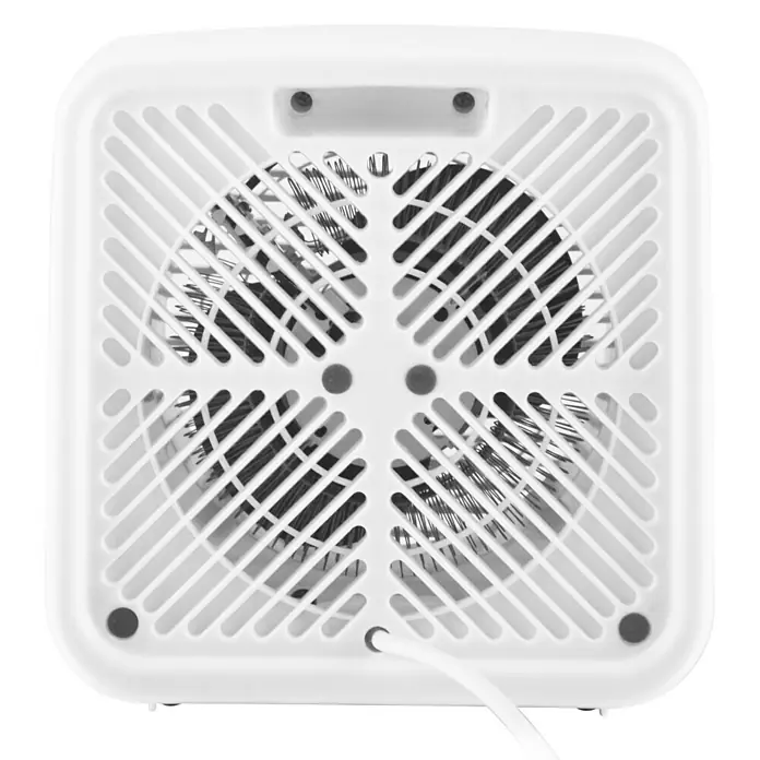Voltomat HEATING Heizlüfter Transisto - 1.000 W - 2.000 W, Weiß - Nahaufnahme eines weißen, quadratischen Heizlüfters mit Schutzgitter und Netzkabel. Das Gerät ist für den Innenbereich konzipiert.