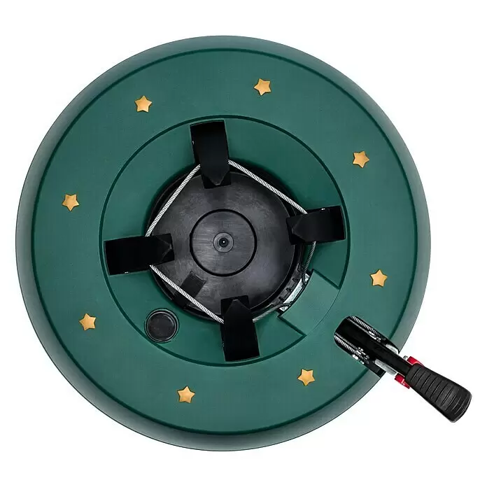 Christbaumständer Start 3 - 37 x 10,5 cm, Kunststoff, Rund, Max_Baumlaenge: 3 Meter (m) - Grüner Weihnachtsbaumständer mit goldenen Sternen und fußpedalbetriebenem Seilklemmsystem.