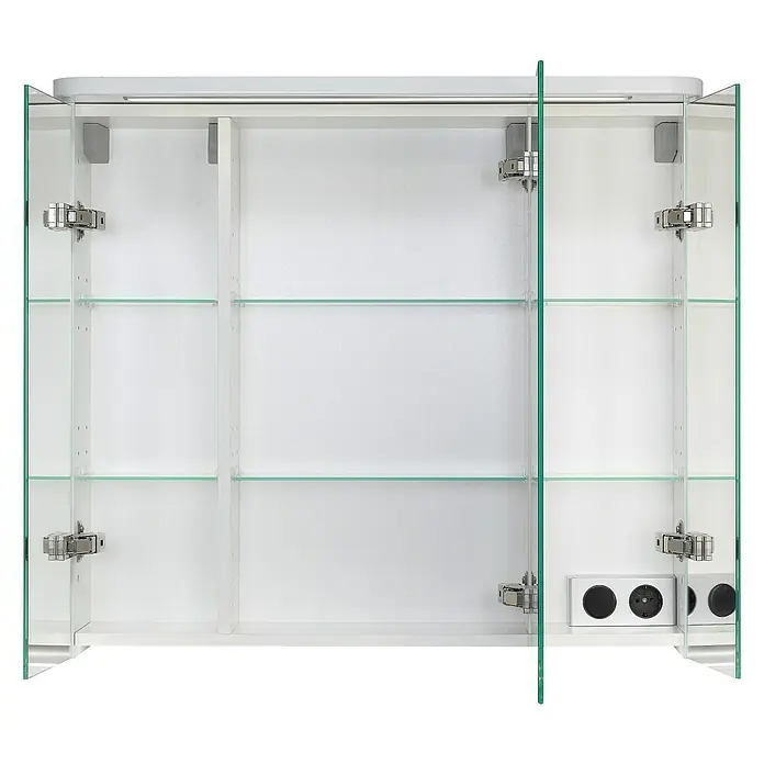 Riva LED-Spiegelschrank Toto - B x H: 81 x 72,2 cm, Holz, Weiß - Offener weißer Spiegelschrank mit Glasböden, der viel Stauraum und eine moderne Optik bietet.