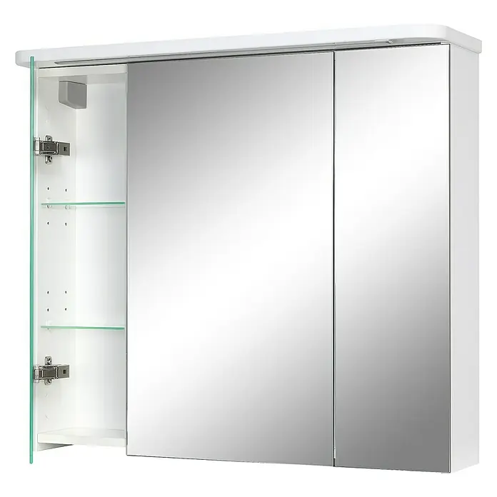 Riva LED-Spiegelschrank Toto - B x H: 81 x 72,2 cm, Holz, Weiß - Ein weißer Spiegelschrank mit einer offenen Tür, die Einblick auf Glasablagen gewährt, ideal für Badezimmerutensilien.