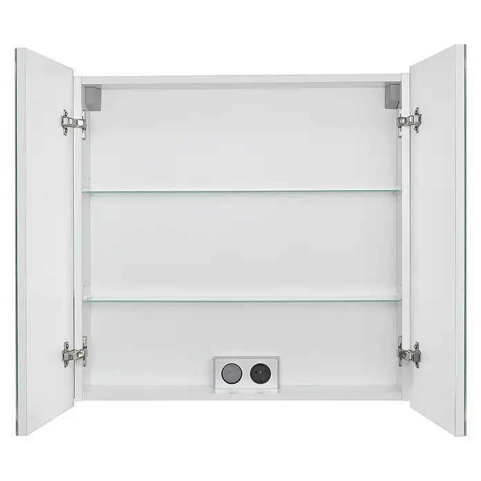 Riva LED-Spiegelschrank Lucy - B x H: 72 x 69,6 cm, Holz, Weiß - Innenansicht eines weißen Spiegelschranks mit zwei Glastablaren und einer Steckdose.