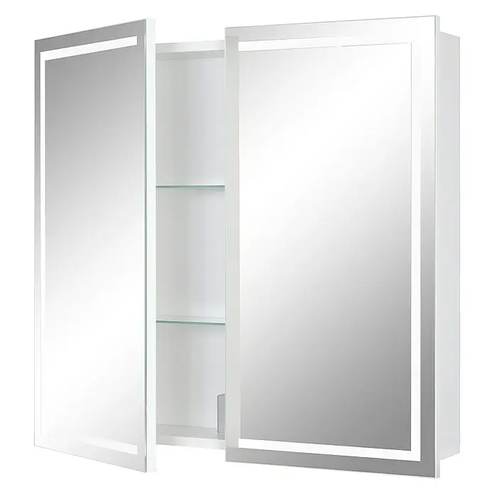 Riva LED-Spiegelschrank Lucy - B x H: 72 x 69,6 cm, Holz, Weiß - Ein beleuchteter Spiegelschrank mit zwei Türen und Regalen im Inneren. Ideal für Badezimmer, bietet Stauraum und modernes Design.