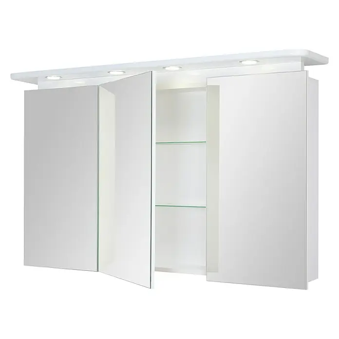 Riva LED-Spiegelschrank Aquila - B x H: 120 x 75,2 cm, Holz, Weiß - Ein weißer Spiegelschrank mit drei Türen und eingebauter Beleuchtung. Zwei Glastablare sind im offenen Fach zu sehen.