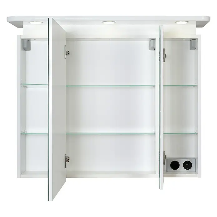 Riva LED-Spiegelschrank Aquila - B x H: 92,3 x 75,2 cm, Holz, Weiß - Ein offener, weißer Badezimmerschrank mit Glasböden und integrierter Beleuchtung. Praktisch und stilvoll für jedes Badezimmer.