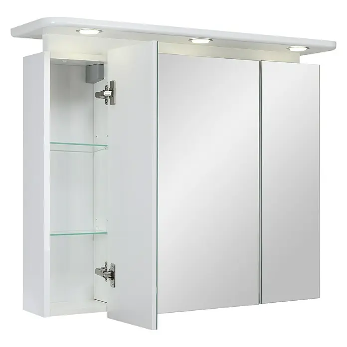 Riva LED-Spiegelschrank Aquila - B x H: 92,3 x 75,2 cm, Holz, Weiß - Ein moderner Spiegelschrank in Weiß mit offenen Fächern und integrierter Beleuchtung für stilvolle Badezimmeraufbewahrung.