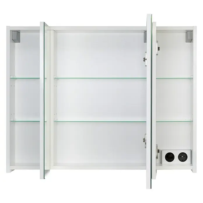 Riva LED-Spiegelschrank Idea - B x H: 85,5 x 65 cm, Holz, Weiß - Ein weißer Spiegelschrank mit geöffneten Türen, der Regale und Steckdosen zeigt, ideal für Badezimmerutensilien.