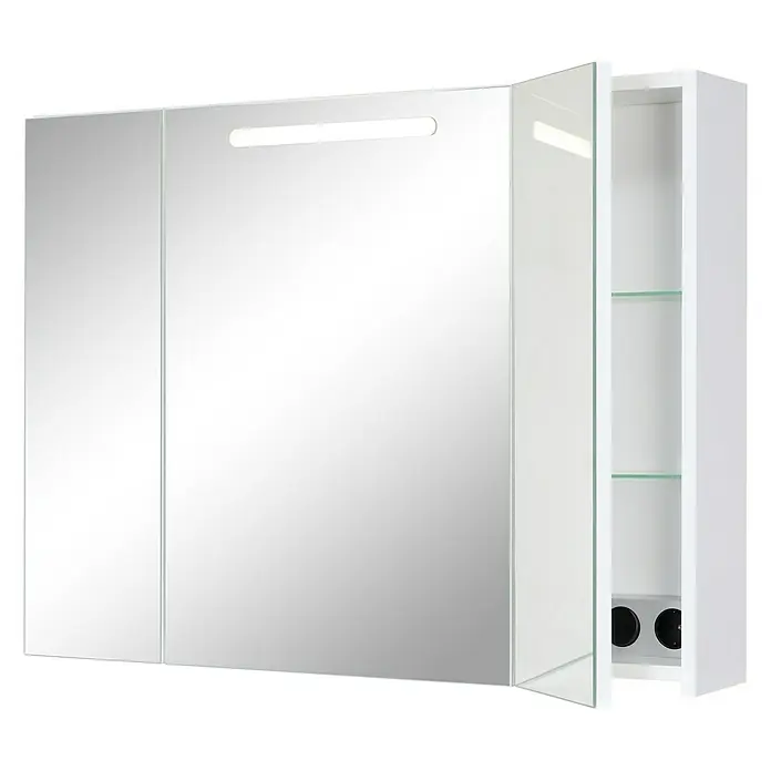 Riva LED-Spiegelschrank Idea - B x H: 85,5 x 65 cm, Holz, Weiß - Ein dreitüriger Spiegelschrank in Weiß mit integrierter Beleuchtung, teilweise geöffnet, um das Innenleben zu zeigen.