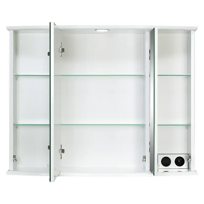 Riva LED-Spiegelschrank Rally - B x H: 82 x 63,4 cm, Holz, Weiß - Ein weißer Spiegelschrank mit drei Türen und Glasböden, ideal für Badezimmeraufbewahrung. Elegantes Design mit integrierter Beleuchtung und Steckdosen.