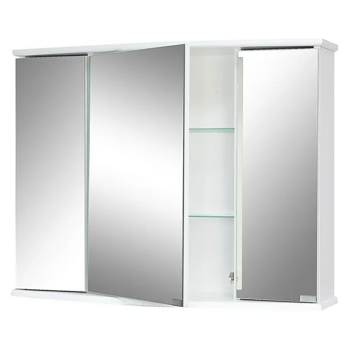 Riva LED-Spiegelschrank Rally - B x H: 82 x 63,4 cm, Holz, Weiß - Dreitüriger Spiegelschrank in Weiß mit Ablagen im offenen Fach für Badezimmerutensilien. Praktisch und stilvoll.
