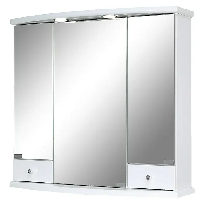 Riva LED-Spiegelschrank Dakota - B x H: 77,7 x 71,8 cm, Holz, Weiß - Ein weißer Spiegelschrank mit drei Türen und integrierter Beleuchtung, ideal für Badezimmer. Praktisch und stilvoll.