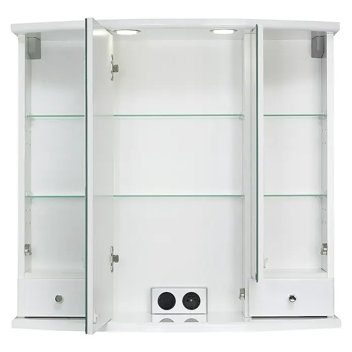Riva LED-Spiegelschrank Dakota - B x H: 77,7 x 71,8 cm, Holz, Weiß - Das Bild zeigt einen weißen Badezimmerschrank mit offenen Türen, Glasböden und integrierten Steckdosen. Die Beleuchtung ist im Schrankinneren.