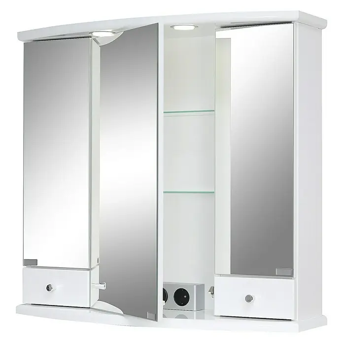 Riva LED-Spiegelschrank Dakota - B x H: 77,7 x 71,8 cm, Holz, Weiß - Ein weißer Badezimmerschrank mit Spiegeltüren, teilweise geöffnet, und integrierter Beleuchtung bietet stilvollen Stauraum.