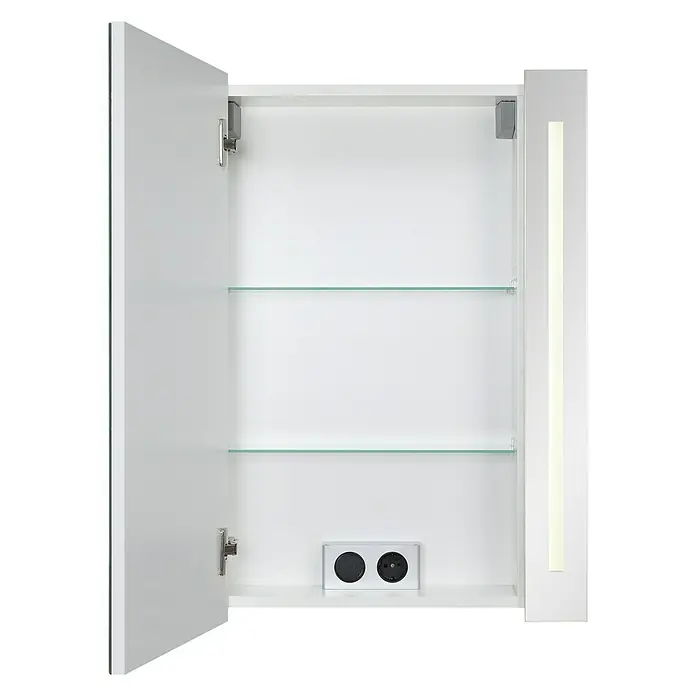 Riva LED-Spiegelschrank Hydra - B x H: 60,4 x 75,2 cm, Holz, Weiß - Ein offener, weißer Spiegelschrank mit zwei Glasböden und integrierten Steckdosen bietet viel Stauraum für Badutensilien.