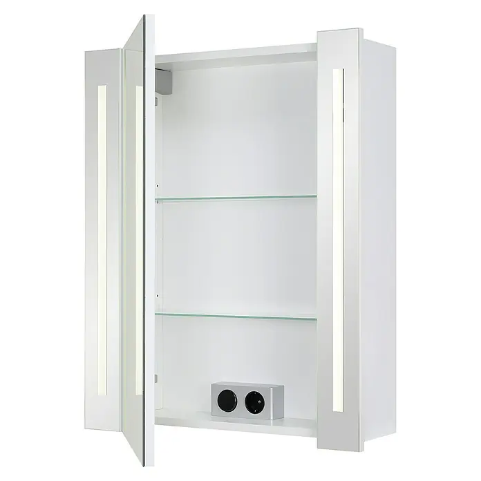 Riva LED-Spiegelschrank Hydra - B x H: 60,4 x 75,2 cm, Holz, Weiß - Aufnahme eines weißen Spiegelschranks mit zwei Glastüren und integrierter Beleuchtung.