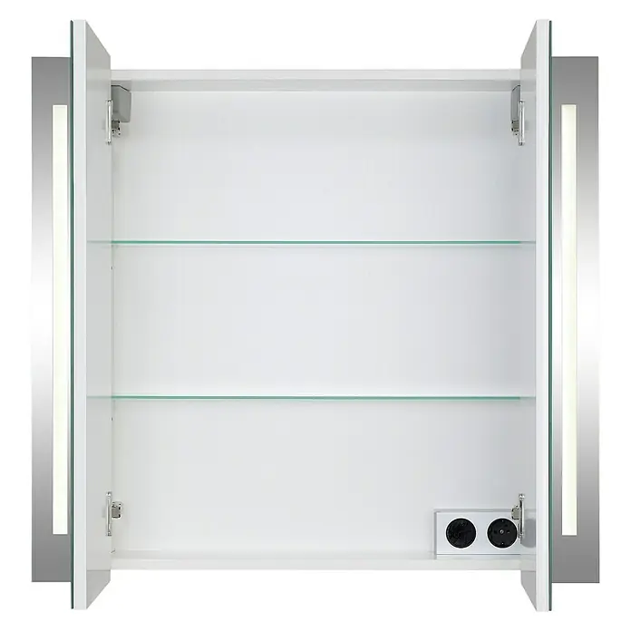 Riva LED-Spiegelschrank Hydra - B x H: 80 x 75,2 cm, Holz, Weiß - Offener Spiegelschrank mit Innenbeleuchtung, Glasböden und Steckdosen für das Badezimmer. Praktisch und modern.