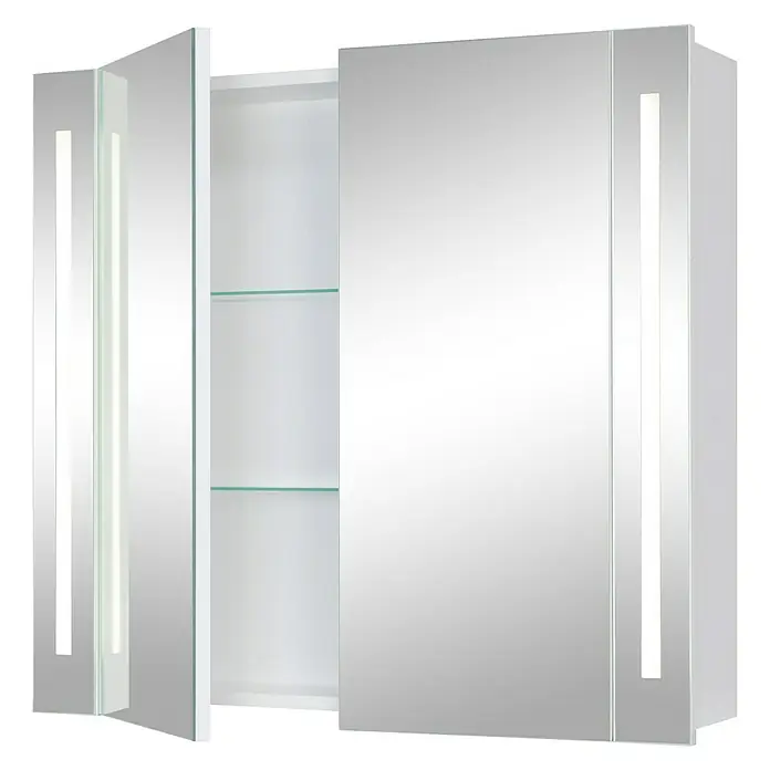 Riva LED-Spiegelschrank Hydra - B x H: 80 x 75,2 cm, Holz, Weiß - Ein moderner Spiegelschrank mit LED-Beleuchtung und Glasböden, ideal für Badezimmer. Er bietet praktischen Stauraum und stilvolles Design.