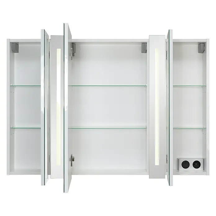 Riva LED-Spiegelschrank Hydra - B x H: 108 x 75,2 cm, Holz, Weiß - Ein offener Spiegelschrank mit drei Türen und eingebauten Regalen, perfekt für die Organisation im Badezimmer.