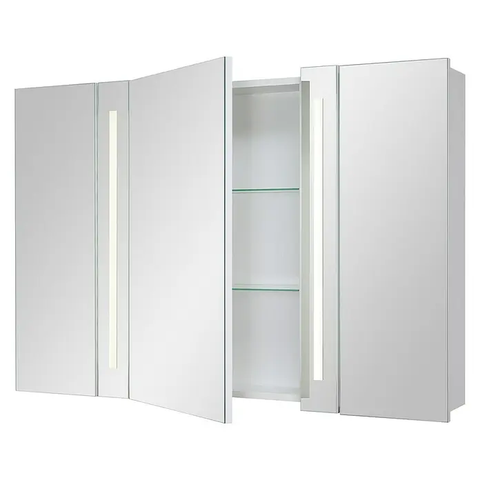 Riva LED-Spiegelschrank Hydra - B x H: 108 x 75,2 cm, Holz, Weiß - Ein weißer Spiegelschrank mit zwei offenen Türen und zwei geschlossenen Türen. Der Schrank hat Regale und integrierte Beleuchtung.