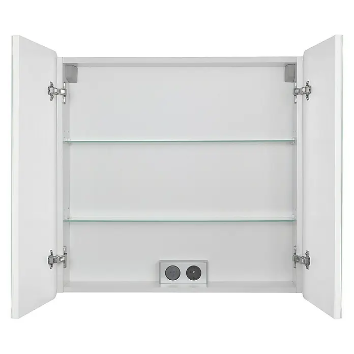 Riva LED-Spiegelschrank Luciana - B x H: 72 x 69,6 cm, Holz, Weiß - Ein offener, weißer Spiegelschrank mit zwei Glasböden und einer Steckdosenleiste im unteren Bereich. Perfekt für das moderne Badezimmer.
