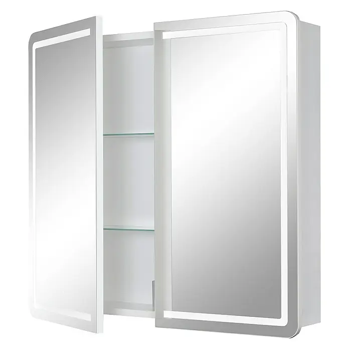 Riva LED-Spiegelschrank Luciana - B x H: 72 x 69,6 cm, Holz, Weiß - Ein moderner Spiegelschrank mit LED-Beleuchtung und Glasböden, ideal für stilvolle Badezimmeraufbewahrung.