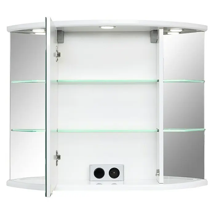 Riva LED-Spiegelschrank Corona - B x H: 81,8 x 64,8 cm, Holz, Weiß - Offener Spiegelschrank mit Regalen und Steckdosen für Badezimmerzubehör. Praktische Aufbewahrungslösung für Ihr Bad.