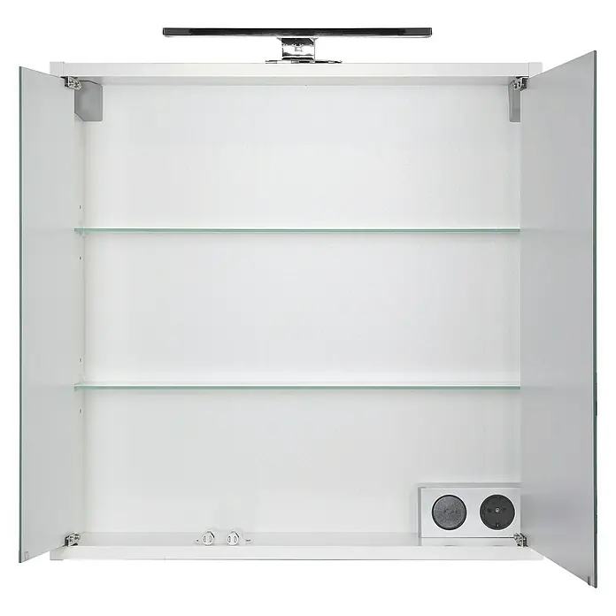 Riva LED-Spiegelschrank Flora - B x H: 60 x 60 cm, Holz, Weiß - Ein offener, weißer Spiegelschrank mit Glasablagen und integrierter Beleuchtung bietet praktischen Stauraum für das Badezimmer.