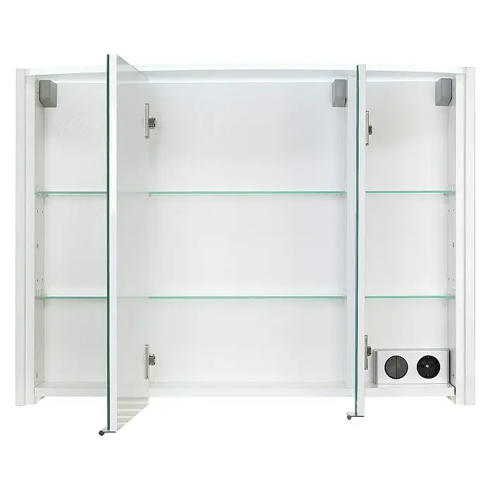 Riva LED-Spiegelschrank Pepe - B x H: 83,3 x 61,3 cm, Holz, Weiß - Ein offener, weißer Spiegelschrank mit drei Türen und Glasböden für Badezimmerutensilien.