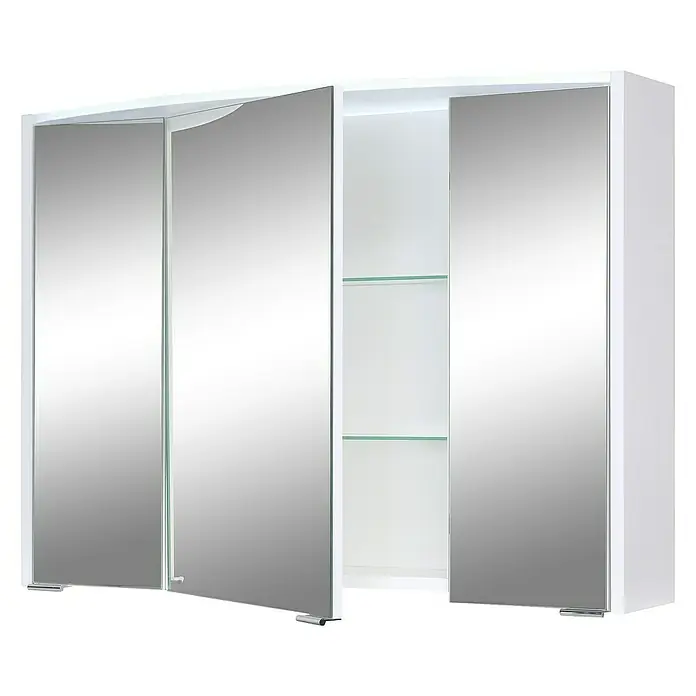 Riva LED-Spiegelschrank Pepe - B x H: 83,3 x 61,3 cm, Holz, Weiß - Ein weißer Spiegelschrank mit drei Türen und Glasböden im Inneren, ideal für Badezimmeraufbewahrung mit stilvollem Design.