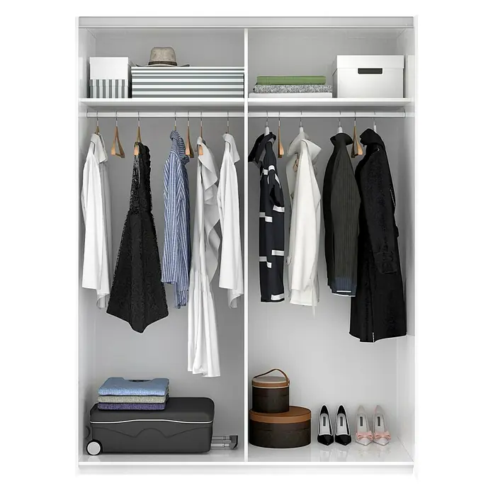 Dekit Armario de puertas correderas Slide - L x An x Al: 65 x 150 x 204 cm, Blanco - Un armario blanco lleno de ropa, zapatos y accesorios. Distribución bien organizada y amplio espacio de almacenamiento para la ropa.