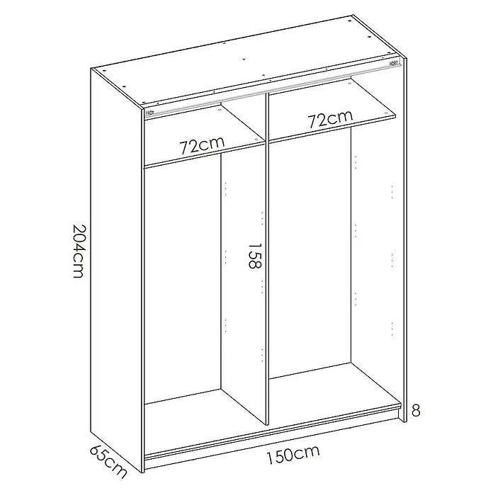 Dekit Armario de puertas correderas Slide - L x An x Al: 65 x 150 x 204 cm, Blanco - Ilustración de un amplio armario con líneas limpias y dimensiones detalladas, ideal para la organización del dormitorio.
