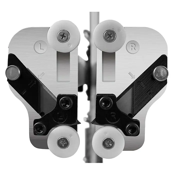 Güde Gipskarton-Plattenschneider - Schnitttiefe: 20 mm - 625 mm, Ergonomischer Griff - Produktansicht einer Schiebetürführung mit Rollen, die mit "L" und "R" gekennzeichnet sind, für links und rechts.