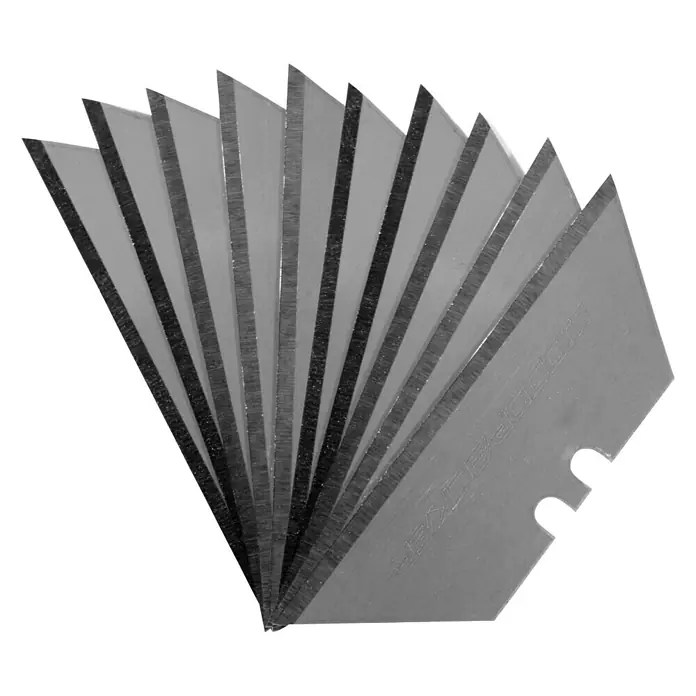 Güde Gipskarton-Plattenschneider - Schnitttiefe: 20 mm - 625 mm, Ergonomischer Griff - Nahaufnahme mehrerer einzelner Rasierklingen, die sich überlappen und auf einem schwarzen Hintergrund scharf und detailliert dargestellt sind.