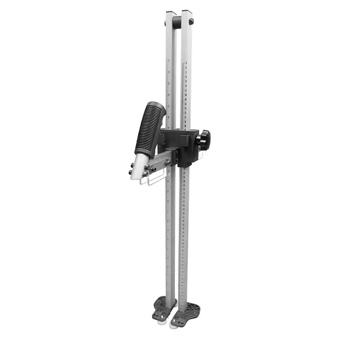 Güde Gipskarton-Plattenschneider - Schnitttiefe: 20 mm - 625 mm, Ergonomischer Griff - Bild einer Werkbank-Bohrmaschine mit schwarzem Griff und grauen Schienen mit Zentimetermarkierungen zur präzisen Einstellung.