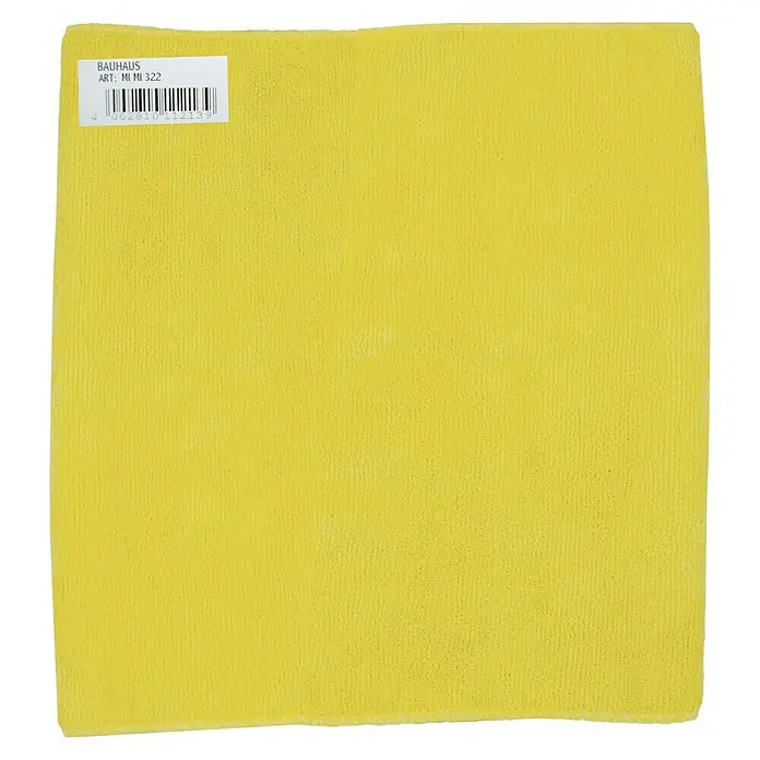 Flinka Profi-Line Mikrofasertuch - 1 Stk., 32 x 32 cm, Gelb - Gelbes Bauhaus-Mikrofasertuch, ideal zum Reinigen und Polieren verschiedener Oberflächen, mit Etikett in der Ecke.