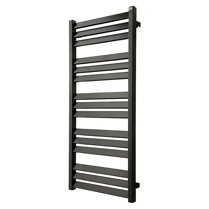 TVS Design Badheizkörper Paso 15-500 - B x H: 500 x 1.120 mm, Wärmeleistung bei Vorlauftemperatur von 75 °C (D: 50): 283 W, Schwarz - Elegante TVS-Handtuchheizung in Schwarz. Die horizontale Sprossen sorgen für effiziente Wärmeverteilung und ein modernes Baddesign.