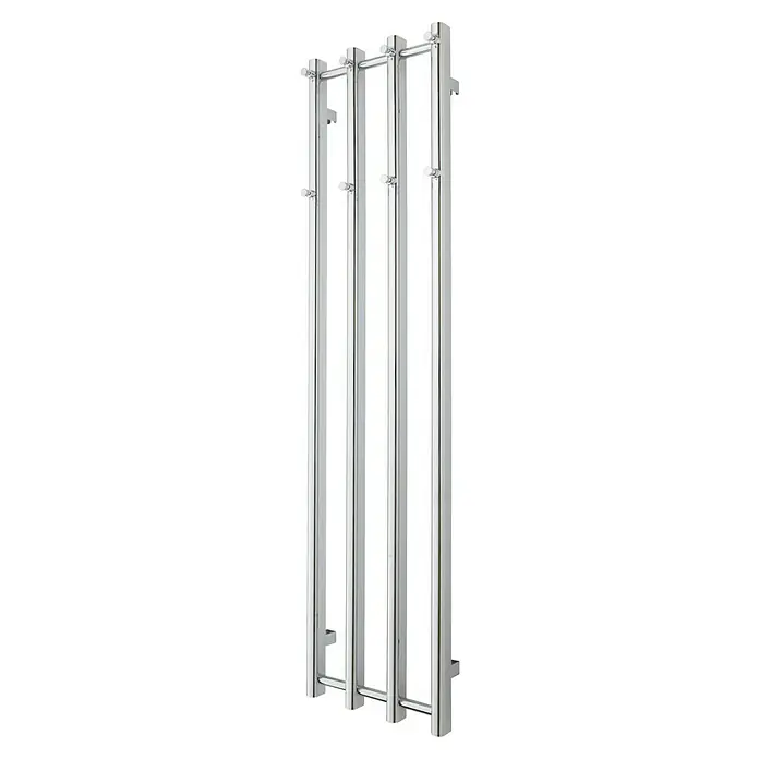 TVS Design Badheizkörper Vino 4 - B x H: 350 x 1.400 mm, Wärmeleistung bei Vorlauftemperatur von 75 °C (D: 50): 131 W, Chrom - Ein silberner Handtuchwärmer mit geraden Stangen und einer glänzenden Oberfläche. Perfekt, um Handtücher warm und trocken zu halten.