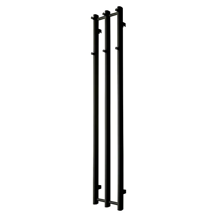 TVS Design Badheizkörper Vino 3 - B x H: 250 x 1.400 mm, Wärmeleistung bei Vorlauftemperatur von 75 °C (D: 50): 159 W, Schwarz - Ein Heizkörper mit drei vertikalen, grauen Stangen und Querstreben, die für Wärme und Komfort in jedem Raum sorgen.