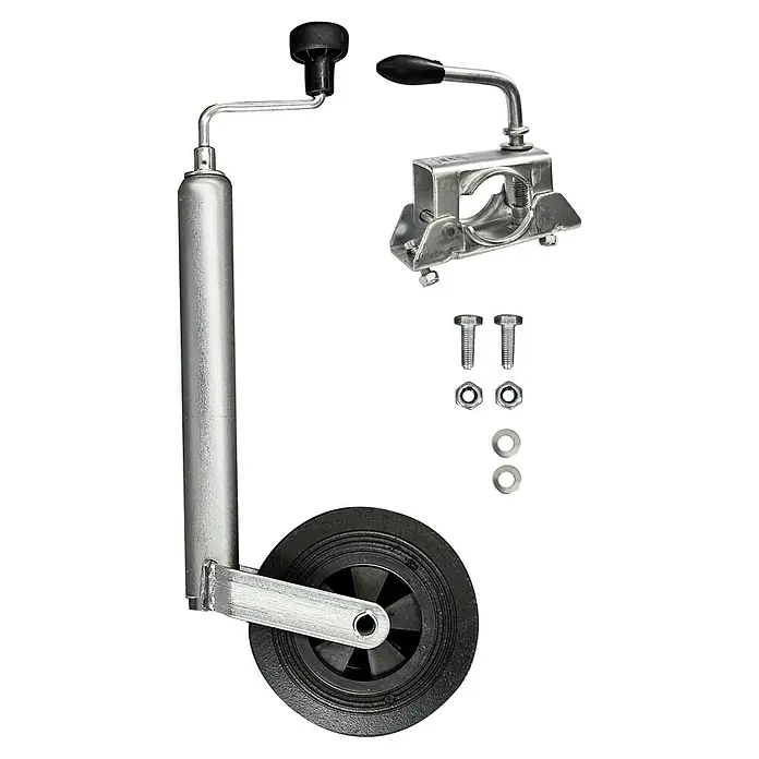 Stema Stützrad - Belastbarkeit: 150 kg, Aluminium, Verzinkt - Abgebildete Ware: Stützrad mit Befestigungsklammer und Schrauben. Ideal für Anhänger zum einfachen Rangieren und Abstellen.