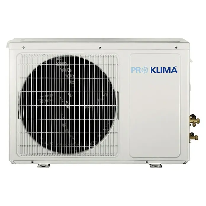 PR Klima Aire acondicionado Inverter Pro 09 - 2.600 W, 2.700 W, 10 m² - 15 m², Blanco - Esta imagen muestra un aire acondicionado Pro Klima. La unidad es blanca con un logotipo azul. El aire acondicionado está diseñado para uso exterior.