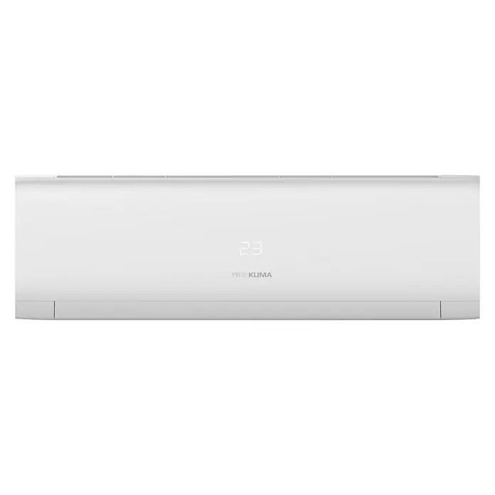 PR Klima Aire acondicionado Inverter Pro 09 - 2.600 W, 2.700 W, 10 m² - 15 m², Blanco - Primer plano de un aire acondicionado blanco Pro Klima que muestra una temperatura de 23 grados, asegurando una temperatura ambiente confortable.
