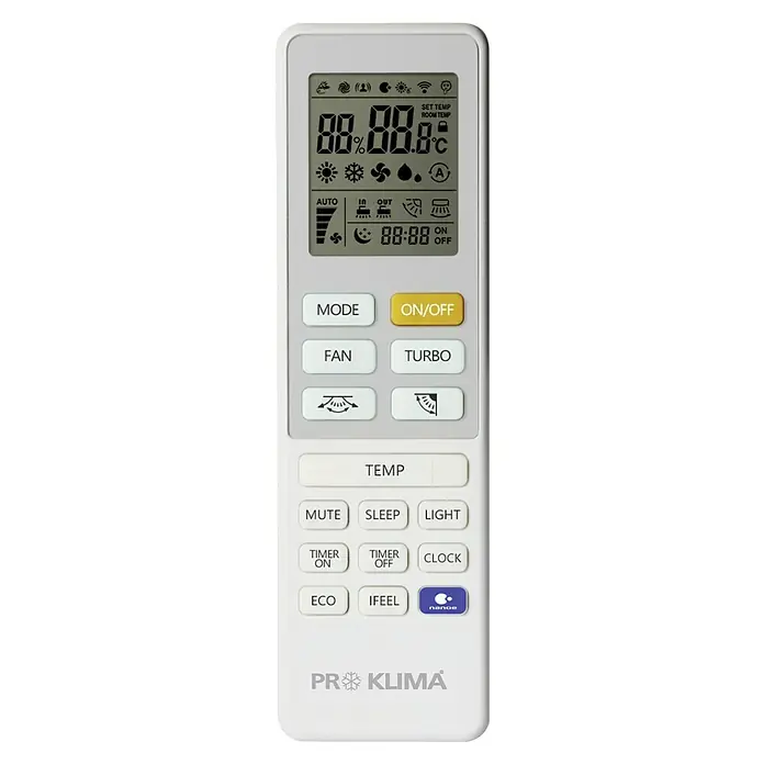PR Klima Aire acondicionado Inverter Pro 09 - 2.600 W, 2.700 W, 10 m² - 15 m², Blanco - Imagen de un mando a distancia de aire acondicionado Pro Klima con numerosas funciones y una pantalla clara.