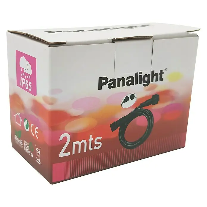 Panalight Alargo para panel solar - 2 m, Negro - Primer plano del embalaje de las luces de cadena Panalight, destacando su impermeabilidad IP65 y la longitud de 2 metros.