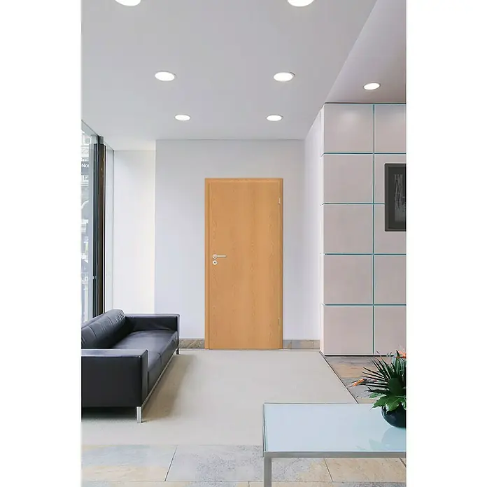 Classen PL Zimmertür - 985 x 1.985 mm, DIN Anschlag: Rechts, Buche, Wabe - Ein helles Büroambiente mit einer hellbraunen Holztür, die sich harmonisch in das moderne Design einfügt.