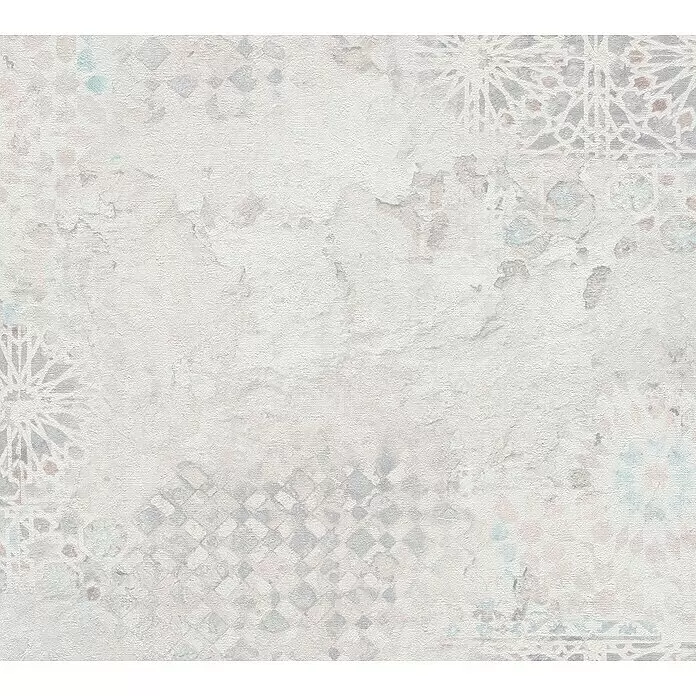 A.S. Création Metropolitan Stories II Vliestapete Fliese Vintage - Creme, Fliesenoptik, 10,05 x 0,53 m - Strukturierte weiße Oberfläche mit dezenten geometrischen und Sternmustern.