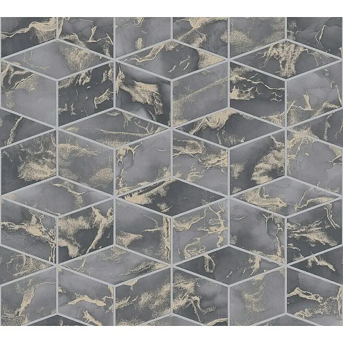 A.S. Création Metropolitan Stories II Vliestapete Marmor - Dunkelgrau, 3D-Optik, 10,05 x 0,53 m - Das Bild zeigt ein ansprechendes geometrisches Muster mit Marmoreffekt, das Eleganz und Modernität vereint. Die grauen Farbtöne und goldenen Akzente schaffen eine luxuriöse Optik.