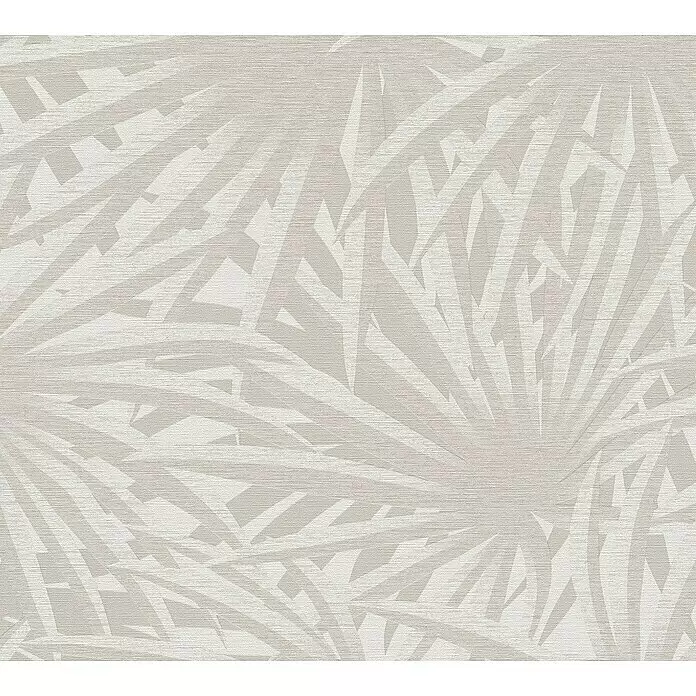 A.S. Création Metropolitan Stories II Vliestapete Palme - Silber/Grau, Floral, 10,05 x 0,53 m - Helle graue, texturierte Tapete mit subtilem, überlappendem Palmenblattmuster.